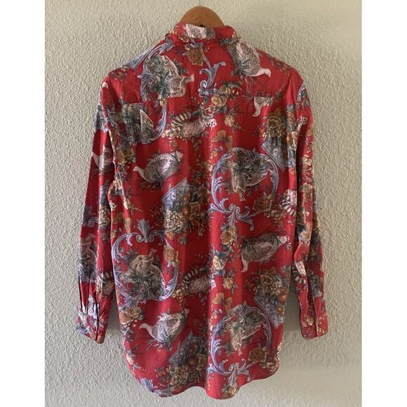 Hunt Club Women's Medium Red Nature Themed Collared Long Sleeve Button Up Top - Picture 13 of 16